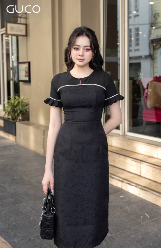 Crew Neck Midi A Line Dress_4395_GUCO Brand_เดรสทรงเอแขนลูกปัดคอกลม