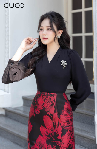 Floral Pattern Long Sleeve Midi A Line Dress_D10037_GUCO Brand_ชุดเดรสแขนยาวผ้าโบรเคด