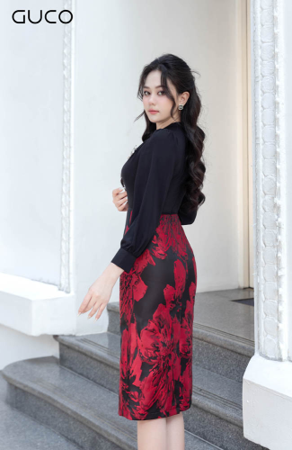 Floral Pattern Long Sleeve Midi A Line Dress_D10037_GUCO Brand_ชุดเดรสแขนยาวผ้าโบรเคด