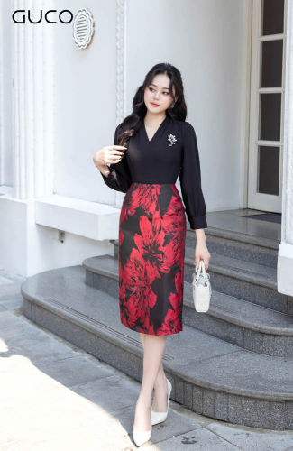 Floral Pattern Long Sleeve Midi A Line Dress_D10037_GUCO Brand_ชุดเดรสแขนยาวผ้าโบรเคด