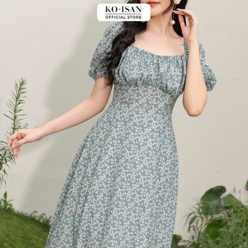 Vintage Floral Pattern Puff Sleeve Midi Dress_21056689_KOISAN Brand_เดรสยาวลายดอกไม้วินเทจ ดีไซน์แขนพองแบบผู้หญิง