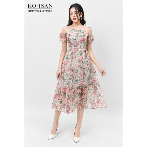 Floral Pattern Chiffon Puff Sleeve Off The Shoulder Midi Dress_21056503_KOISAN Brand_ชุดเดรสชายหาดทูพีชลายดอกไม้เล็กๆ แขนพอง ทำจากผ้าชีฟองลายดอกไม้เล็กๆ