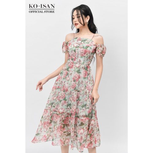 Floral Pattern Chiffon Puff Sleeve Off The Shoulder Midi Dress_21056503_KOISAN Brand_ชุดเดรสชายหาดทูพีชลายดอกไม้เล็กๆ แขนพอง ทำจากผ้าชีฟองลายดอกไม้เล็กๆ