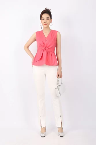 V Neck Peplum Top With Bow_FAS33549_PANTIO Brand_เสื้อเชิ้ต Peplum สไตล์สตรีทคอวีพร้อมโบว์ 3 มิติและปิดด้านหลัง