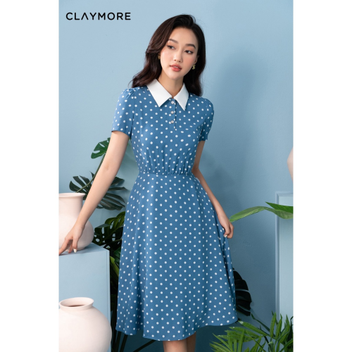 Polka Dots Midi Dress_C0321S06197LV_Claymore Fashion Brand_Đầm chấm bi phối cổ