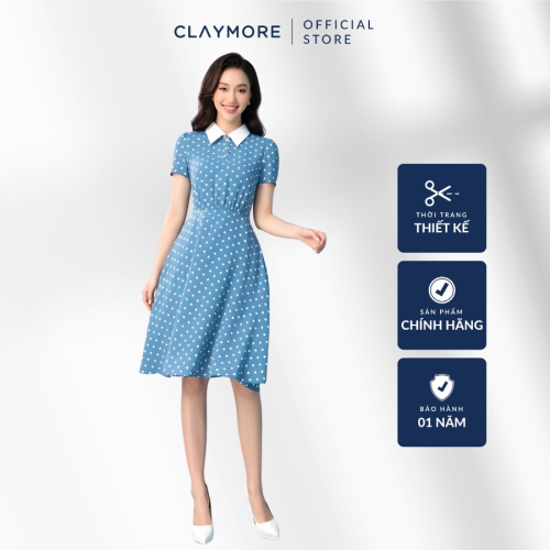 Polka Dots Midi Dress_C0321S06197LV_Claymore Fashion Brand_Đầm chấm bi phối cổ