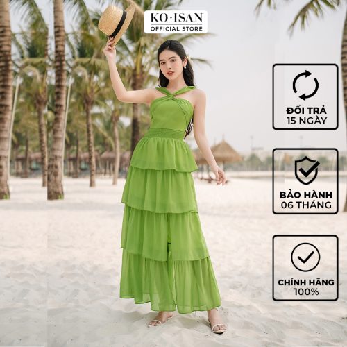 Tieded Maxi Dress_S2382022_KOISAN Brand_แมกซี่เดรสชายหาดพร้อมสายสะพายไหล่ไขว้และระบาย 4 ชั้นทำจากวัสดุผ้าไหมคุณภาพสูงหรูหราสำหรับผู้หญิง