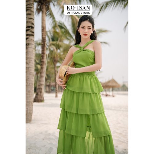 Tieded Maxi Dress_S2382022_KOISAN Brand_แมกซี่เดรสชายหาดพร้อมสายสะพายไหล่ไขว้และระบาย 4 ชั้นทำจากวัสดุผ้าไหมคุณภาพสูงหรูหราสำหรับผู้หญิง