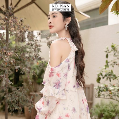 Floral Pattern Tieded Babydoll_S2382017_KOISAN Brand_ชุดเดรสเบบี้ดอลคอปกผูกโบว์ 3 ชั้น ผลิตจากผ้าไหมคุณภาพดีลายดอกไม้