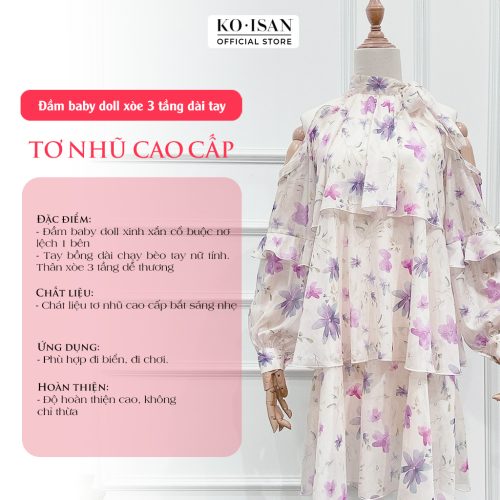 Floral Pattern Tieded Babydoll_S2382017_KOISAN Brand_ชุดเดรสเบบี้ดอลคอปกผูกโบว์ 3 ชั้น ผลิตจากผ้าไหมคุณภาพดีลายดอกไม้