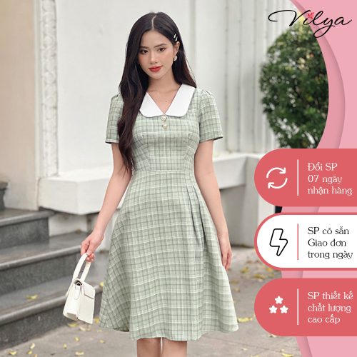 Green Striped White Neck Short A Line Dress With Button_VD23-065_Vilya Brand_ชุดเดรสทำงานลายตารางหมากรุกสีน้ำเงิน ปกและกระดุมสีขาว