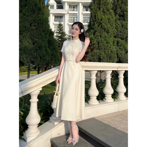 Cream Tuytsi Elastic Midi Dress_FL131.1_FLANE Brand_เดรสยาวสีครีม คอปกเยอรมัน และเข็มขัดโบว์ – ผ้าทูตซี่เกาหลีคุณภาพสูงยืดได้เล็กน้อย