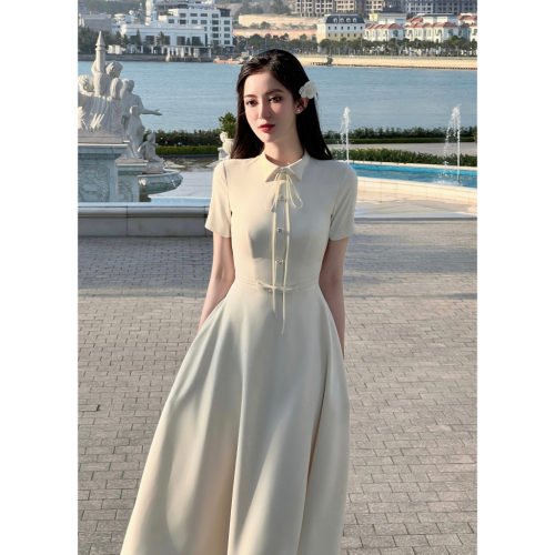 Cream Tuytsi Elastic Midi Dress_FL131.1_FLANE Brand_เดรสยาวสีครีม คอปกเยอรมัน และเข็มขัดโบว์ – ผ้าทูตซี่เกาหลีคุณภาพสูงยืดได้เล็กน้อย