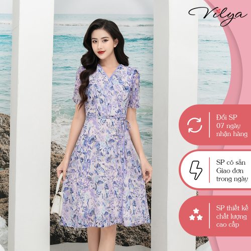 Floral Pattern V Neck Flared Midi Dress With Belt_VD23-077_Vilya Brand_เดรสคอวีลายดอกไม้แนวสตรีทพร้อมเข็มขัดคาดเอว