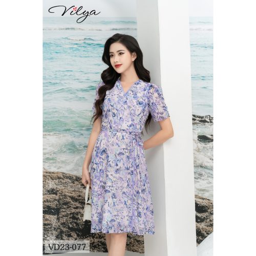 Floral Pattern V Neck Flared Midi Dress With Belt_VD23-077_Vilya Brand_เดรสคอวีลายดอกไม้แนวสตรีทพร้อมเข็มขัดคาดเอว