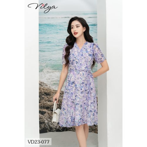 Floral Pattern V Neck Flared Midi Dress With Belt_VD23-077_Vilya Brand_เดรสคอวีลายดอกไม้แนวสตรีทพร้อมเข็มขัดคาดเอว