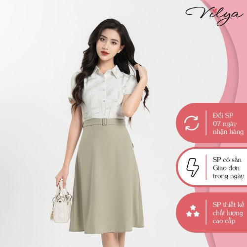 Flared Gored Midi Dress_VD22-034_Vilya Brand_ชุดเดรสทำงานบานพร้อมลวดลายสีน้ำเงินเยอรมันโบราณ