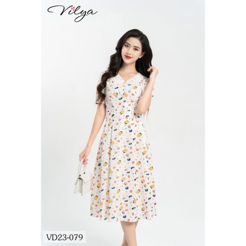 Peter Pan Collar Neck Flared Midi Dress_VD23-079_Vilya Brand_เดรสแนวสตรีททรงบานและคอปกลายใบไม้ลูกไม้