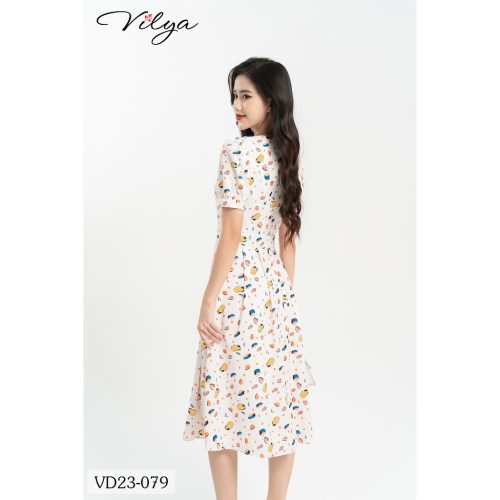 Peter Pan Collar Neck Flared Midi Dress_VD23-079_Vilya Brand_เดรสแนวสตรีททรงบานและคอปกลายใบไม้ลูกไม้