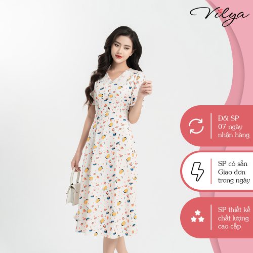 Peter Pan Collar Neck Flared Midi Dress_VD23-079_Vilya Brand_เดรสแนวสตรีททรงบานและคอปกลายใบไม้ลูกไม้