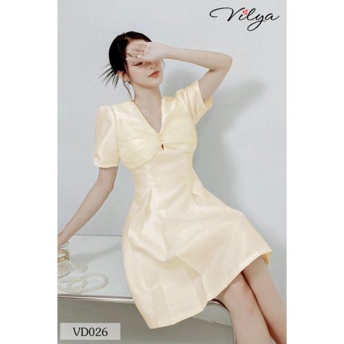 V Neck Taffta Short Sleeve Flared A Line Dress_VD026_Vilya Brand_ชุดเดรสสตรีทผ้าซาตินสีเบจคอวีแขนสั้นและช่วงอกมากกว่า