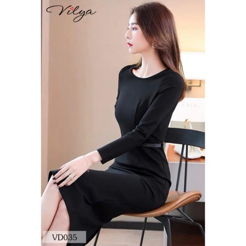 Form Fit Crew Neck Long Sleeve Body Dress_VD035_Vilya Brand_ชุดเดรสทำงาน VILYA คอกลม แขนยาว พร้อมเข็มขัดคาดเอว