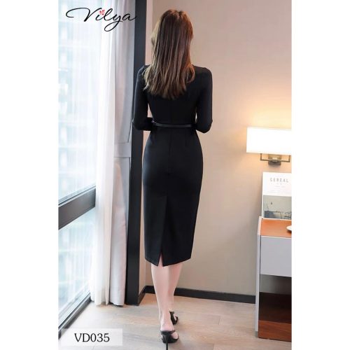 Form Fit Crew Neck Long Sleeve Body Dress_VD035_Vilya Brand_ชุดเดรสทำงาน VILYA คอกลม แขนยาว พร้อมเข็มขัดคาดเอว