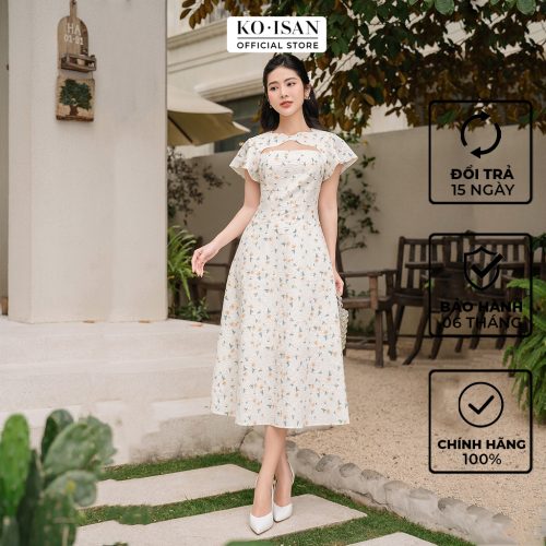 Floral Pattern Midi Dress_S2382018_KOISAN Brand_เดรสยาวลายดอกทรงสวยเว้าหลังเปิดหลังด้วยวัสดุโฟมพร้อมลวดลายดอกไม้อันอ่อนโยน