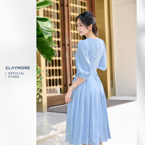 Pattern Pleated Midi Dress_CDA2S3F04721_Claymore Fashion Brand_Váy Đầm Xếp Ly Họa Tiết