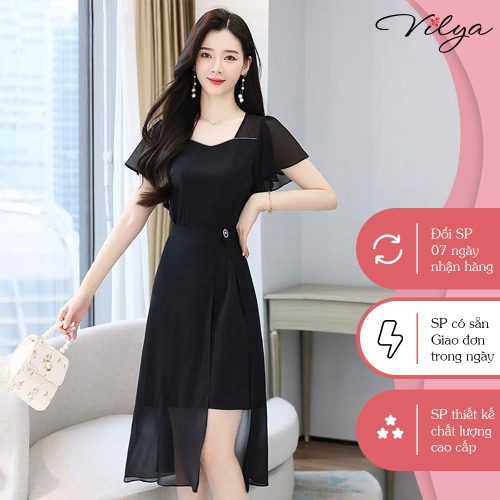 Side Slit Square Neck Short Sleeve Midi Dress_VD012_Vilya Brand_ชุดเดรสทรงสี่เหลี่ยมสตรีทแขนสั้นพร้อมปกบาน