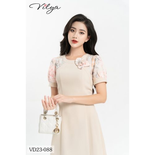 Cream Short Sleeve Flared Midi Dress With Flower Detailed_VD23-088_Vilya Brand_ชุดเดรสทำงานบานสีครีม แขนสั้นลายดอกไม้