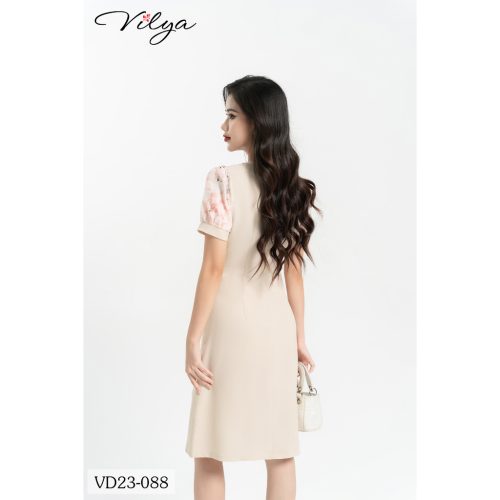 Cream Short Sleeve Flared Midi Dress With Flower Detailed_VD23-088_Vilya Brand_ชุดเดรสทำงานบานสีครีม แขนสั้นลายดอกไม้