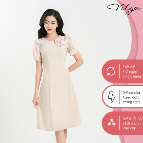 Cream Short Sleeve Flared Midi Dress With Flower Detailed_VD23-088_Vilya Brand_ชุดเดรสทำงานบานสีครีม แขนสั้นลายดอกไม้