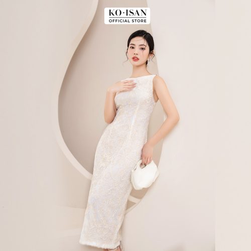 Lace Straight Dress_S2381708_KOISAN Brand_เดรสคอปาด แขนกุด เดรสลูกไม้แขนกุด ตัดเย็บจากลูกไม้ลายดอกไม้ 3 มิติอันหรูหรา