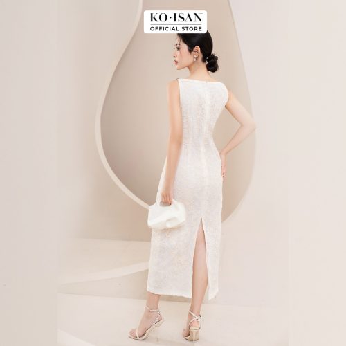 Lace Straight Dress_S2381708_KOISAN Brand_เดรสคอปาด แขนกุด เดรสลูกไม้แขนกุด ตัดเย็บจากลูกไม้ลายดอกไม้ 3 มิติอันหรูหรา