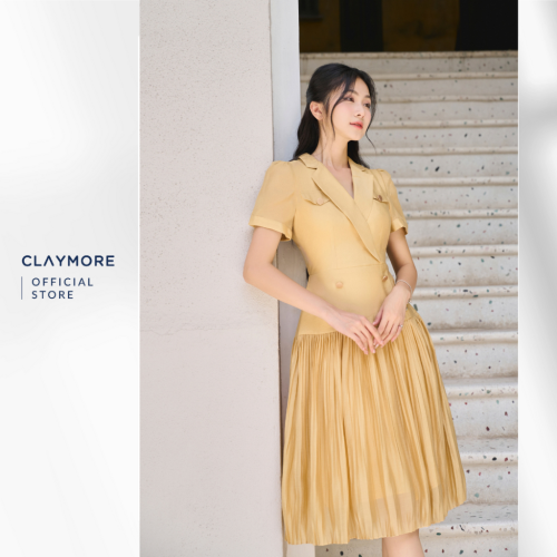 Pleated Midi Dress_CDX2S3F04927_Claymore Fashion Brand_Váy Đầm Cổ 2 Ve