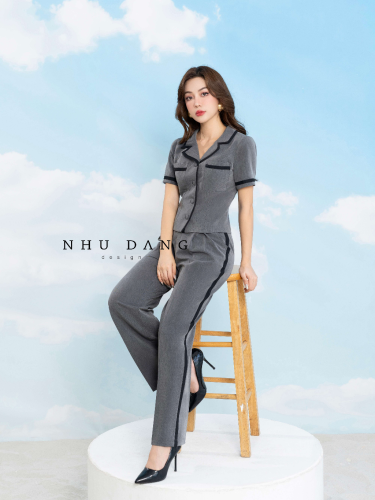 Grey Set_Short Sleeve Shirt+Pants_NH112.12_Như Đặng Design Brand_เซ็ตเสื้อเบลเซอร์ออฟฟิศสีเทาและกางเกงหลวมๆ