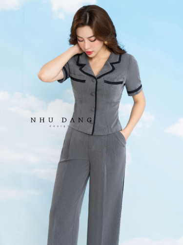 Grey Set_Short Sleeve Shirt+Pants_NH112.12_Như Đặng Design Brand_เซ็ตเสื้อเบลเซอร์ออฟฟิศสีเทาและกางเกงหลวมๆ