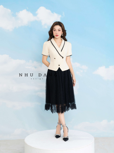 Helen Set_Half Sleeve Shirt+Lace Skirt_NH112.1_Như Đặng Design Brand_Helen Set เสื้อเชิ้ตแขนสั้นผสมกับกระโปรงออฟฟิศลูกไม้สไตล์โมเดิร์น