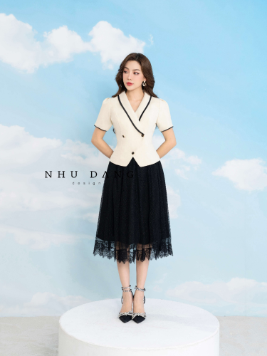 Helen Set_Half Sleeve Shirt+Lace Skirt_NH112.1_Như Đặng Design Brand_Helen Set เสื้อเชิ้ตแขนสั้นผสมกับกระโปรงออฟฟิศลูกไม้สไตล์โมเดิร์น