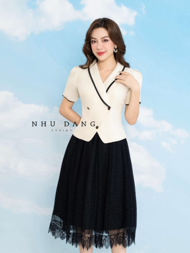 Helen Set_Half Sleeve Shirt+Lace Skirt_NH112.1_Như Đặng Design Brand_Helen Set เสื้อเชิ้ตแขนสั้นผสมกับกระโปรงออฟฟิศลูกไม้สไตล์โมเดิร์น