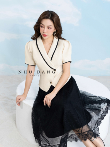 Helen Set_Half Sleeve Shirt+Lace Skirt_NH112.1_Như Đặng Design Brand_Helen Set เสื้อเชิ้ตแขนสั้นผสมกับกระโปรงออฟฟิศลูกไม้สไตล์โมเดิร์น