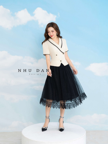 Helen Set_Half Sleeve Shirt+Lace Skirt_NH112.1_Như Đặng Design Brand_Helen Set เสื้อเชิ้ตแขนสั้นผสมกับกระโปรงออฟฟิศลูกไม้สไตล์โมเดิร์น