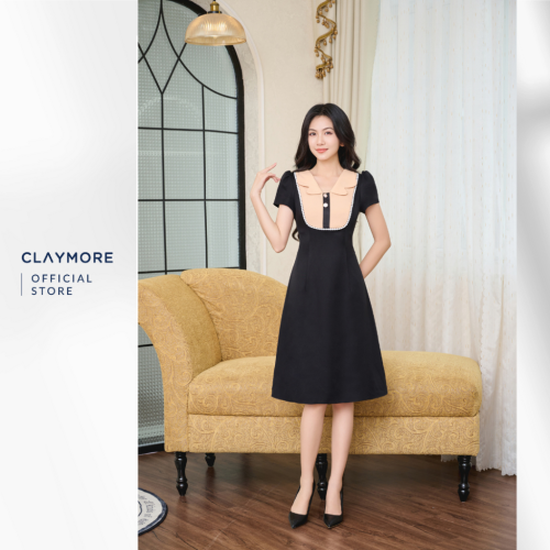 Peter Pan Neck A Line Dress_CDA2S3C05729_Claymore Fashion Brand_Váy Đầm Dáng A Phối Cổ