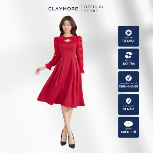 Lace Sleeve Midi Dress_CDX2W3F07252_Claymore Fashion Brand_Váy Đầm Phối Tay Ren