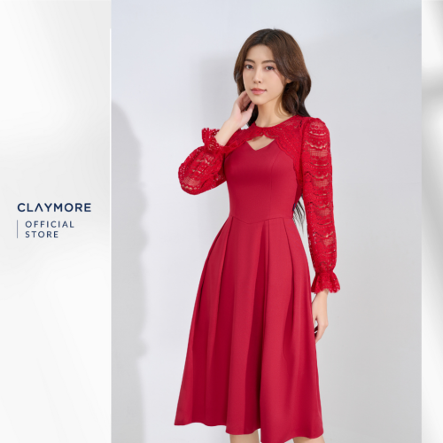 Lace Sleeve Midi Dress_CDX2W3F07252_Claymore Fashion Brand_Váy Đầm Phối Tay Ren