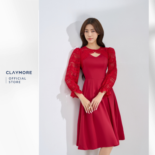 Lace Sleeve Midi Dress_CDX2W3F07252_Claymore Fashion Brand_Váy Đầm Phối Tay Ren