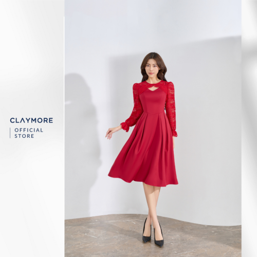 Lace Sleeve Midi Dress_CDX2W3F07252_Claymore Fashion Brand_Váy Đầm Phối Tay Ren