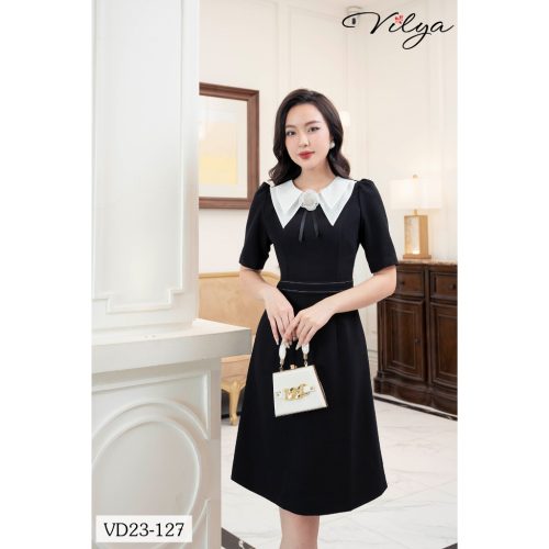 Black A Line Dress With White Neck_VD23-127_Vilya Brand_ชุดเดรสทำงานทรงเอสีดำ ปกขาว มี 2 ชั้น