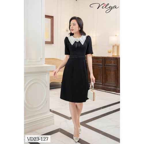 Black A Line Dress With White Neck_VD23-127_Vilya Brand_ชุดเดรสทำงานทรงเอสีดำ ปกขาว มี 2 ชั้น